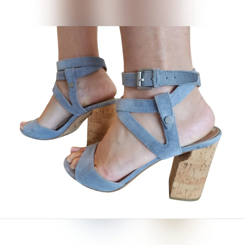 Sigerson Morrison Strappy‎ Sandals Sz 8 Cork Block Heels Padded insole Open Toe
